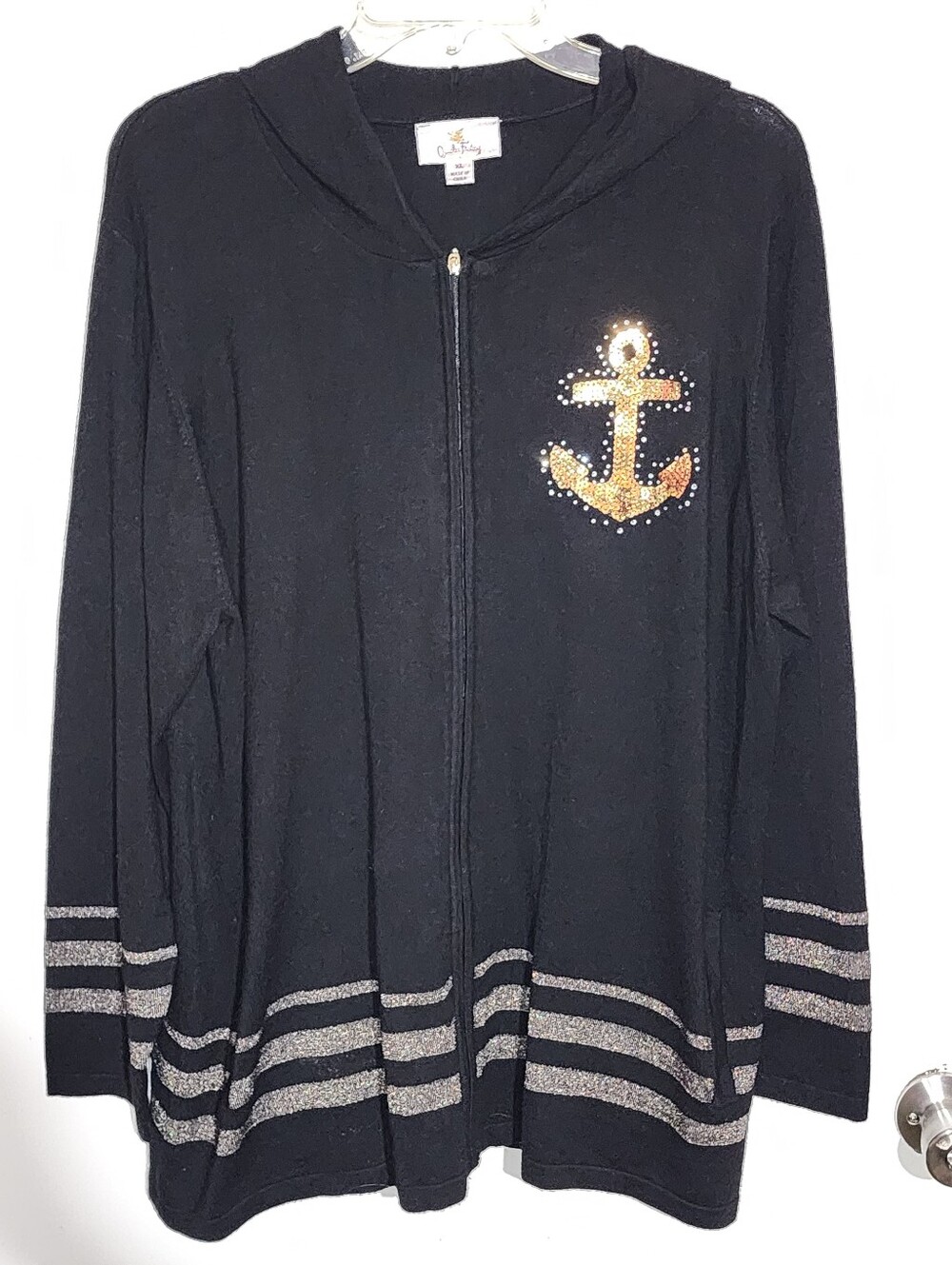 Quacker Factory Black Hooded Zip Sweater Cardigan with Gold Sequin Anchor